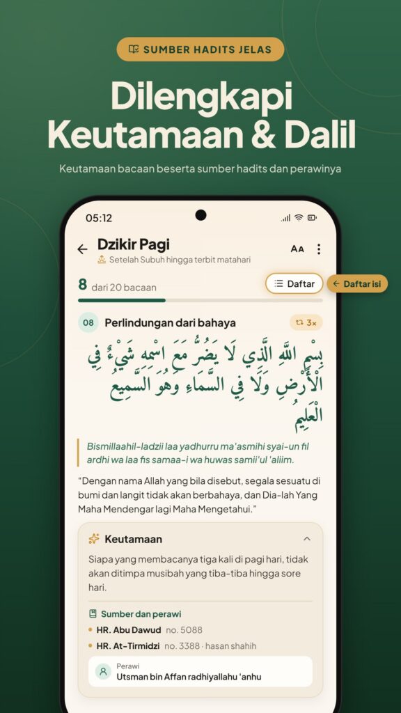 Kartu Keutamaan Fadhilah dan Dalil Hadits Dzikir Pagi Petang