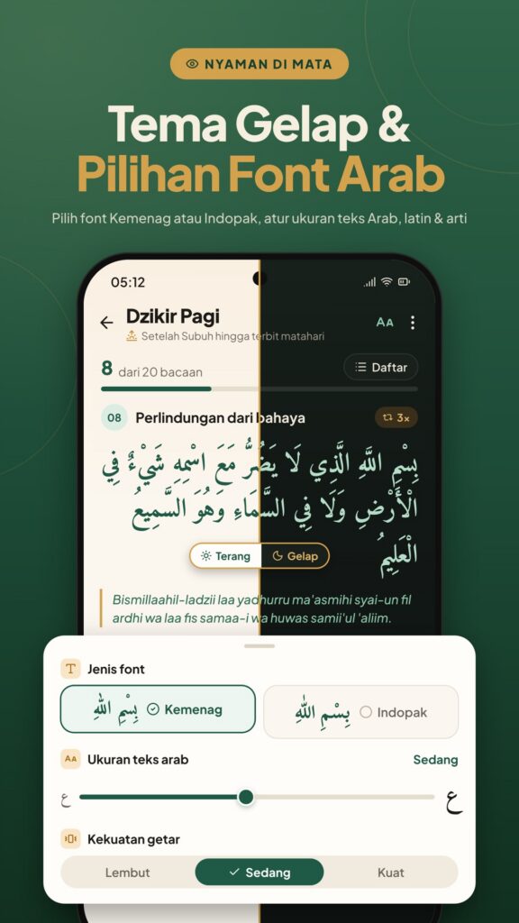 Pengaturan Tema Gelap Dark Mode dan Ukuran Font Arab Kemenag Indopak